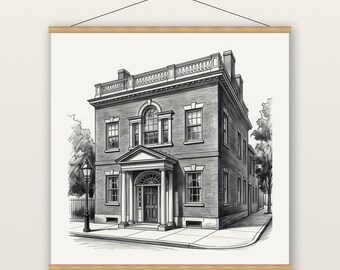 Federal Style Brick House Print, Historic Home Wall Art, Charcoal Drawing Print, Museum Quality Matte Poster with Hanger
