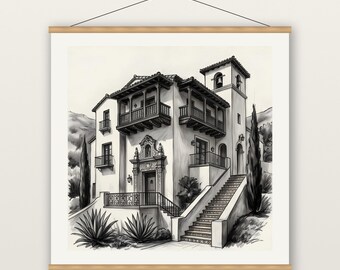 Spanish Revival Home Print, White Stucco Hacienda Wall Art, Charcoal Drawing Print, Museum Quality Matte Poster with Hanger