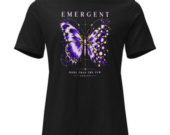 Women's Purple Butterfly Graphic T-Shirt: Emergent Relaxed Fit Geometric Art