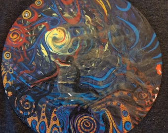 Maelstrom — Blacklight Painting UV Reactive Round 8 Inch, Whirlpool Ocean Art, Psychedelic Circle Canvas, Original Acrylic Decor