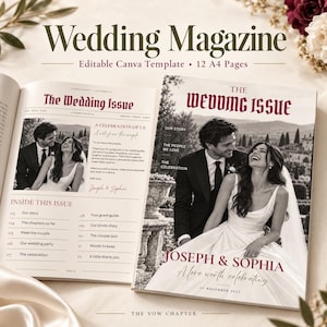 May include: A 12-page A4 wedding magazine template featuring a cover with a black and white photograph of a couple, the text The Wedding Issue, and the names Joseph & Sophia. The interior page displays a table of contents and a letter.