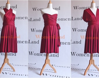 Wine Red Maroon Burgundy Knee Length Infinity Convertible Wedding Bridal Party Bridesmaid Custom Handmade Plus Size / Regular Dresses