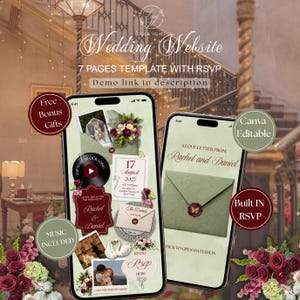 May include: Two smartphones displaying a digital wedding website template with a sage green background, featuring floral accents, a vinyl record icon, a wax-sealed envelope, and text including Wedding Website, 7 PAGES TEMPLATE WITH RSVP.