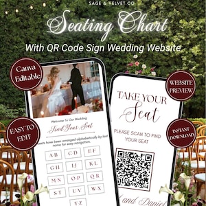 May include: A digital seating chart template for weddings featuring two smartphone displays. One screen shows a guest list layout with alphabetical categories, while the other displays a QR code and the text Take Your Seat for a wedding website.