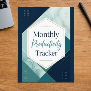 Puede incluir: Un planificador rectangular Monthly Productivity Tracker con un diseño geométrico en azul oscuro y verde azulado, con patrones tipo mármol, líneas doradas y pequeños acentos de triángulos y puntos alrededor de un marco hexagonal blanco.