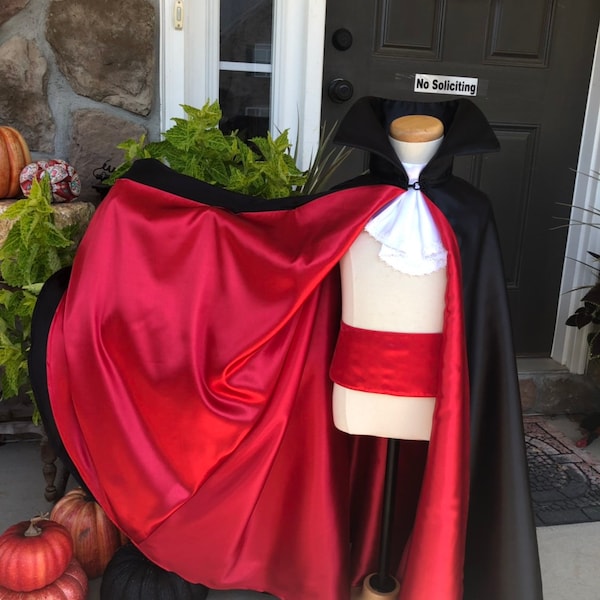 Halloween Vampire Dracula Costume | 3 Pieces: Cape, Jabot, Belt | Red/Black | Boys and Girls | Size 3-14 | 100% Handmade