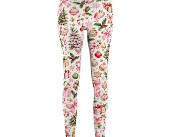 Christmas Ornaments and Poinsettias Leggings | Holiday Floral Pattern