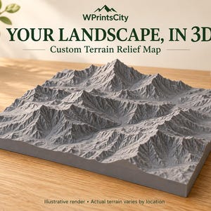 May include: A square 3D custom terrain relief map in a matte gray finish, featuring detailed topographical mountain ranges and valleys. The text WPrintsCity, YOUR LANDSCAPE, IN 3D, and Custom Terrain Relief Map is displayed above the model.