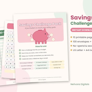 Puede incluir: Un paquete de desafíos de ahorro imprimible con una ilustración de alcancía rosa, el texto Savings Challenge Pack, 8 rastreadores para alcanzar metas financieras e instrucciones sobre cómo usar las hojas con varias categorías.