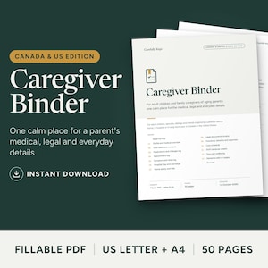 Könnte beinhalten: Ein digitaler Pflege-Ordner für Kanada und die USA als ausfüllbares PDF mit 50 Seiten in den Formaten US Letter und A4. Das Dokument enthält strukturierte Abschnitte für medizinische, rechtliche und tägliche Details für alternde Eltern.
