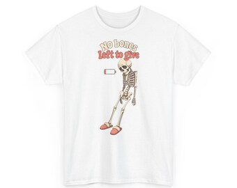 Lui skelet met lege batterij-symbool T-shirt – Geen botten meer over om te geven, grappig Halloween-shirt (unisex)