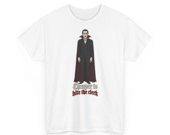 T-shirt met vampier die naar de prijzen in de supermarkt staart – Goedkoper om de caissière te bijten, grappig Halloween-shirt (unisex)