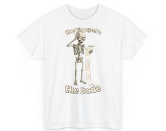 T-shirt met skelet dat geschokt is door de boodschappenprijzen – Ik koop me helemaal kapot met winkelen, grappig Halloween-shirt (unisex)