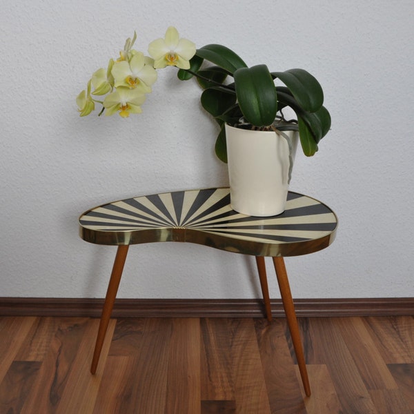Original Mid Century Plant Stand. 1950s. Small Table. Striped. Black and pearly white.  Germany.