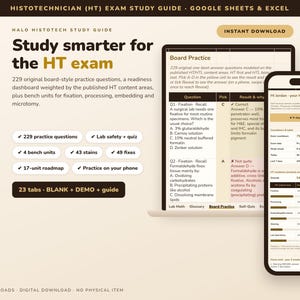 Könnte beinhalten: Ein digitaler Studienleitfaden für die Histotechniker-HT-Prüfung mit 229 Übungsfragen, einem Vorbereitungs-Dashboard und Laborsicherheits-Quiz, dargestellt auf einem Laptop und einem Smartphone.