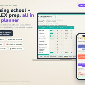Könnte beinhalten: Ein digitaler Planer für Pflegestudierende, dargestellt auf einem Laptop- und Smartphone-Bildschirm. Die Benutzeroberfläche umfasst die Nachverfolgung klinischer Stunden, NCLEX-Vorbereitung, Kompetenz-Checklisten und Pflegepläne mit Tabellen.