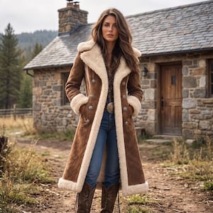 Manteau en daim pour femme, veste western marron, manteau doublé de fausse fourrure, daim véritable, veste d'hiver bohème