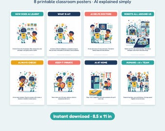 KI-Poster-Set für Kinder | 8 druckbare Poster fürs Klassenzimmer | Dekoration für den naturwissenschaftlichen Unterricht | Geschenk für Lehrer