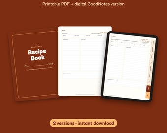 Family Recipe Book Template | Printable and Digital Recipe Book for GoodNotes, Recipe Cards, Meal Planner