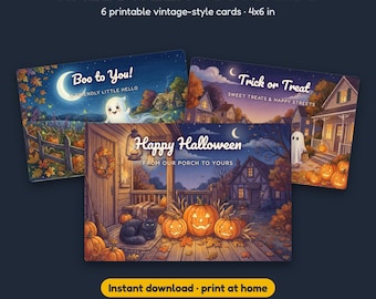 Halloween-Postkarten zum Ausdrucken | Vintage-Halloween-Karten-Set (6er-Set) | Halloween-Vorlagen zum Ausdrucken für Kinder und Freunde | 4x6-Postkarten-Set (PDF)