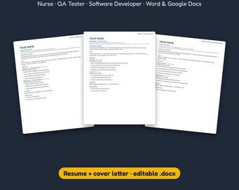 Resume Template Bundle for Nurse, QA Tester and Developer | Cover Letter, ATS Friendly, Word and Google Docs