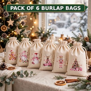 May include: A pack of 6 beige hessian drawstring bags, each featuring a unique Christmas-themed illustration including a gingerbread person, snowman, reindeer, nutcracker, and a decorated Christmas tree with gifts.