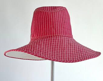 Red and white striped 100% cotton denim fabric summer floppy hat with white under brim