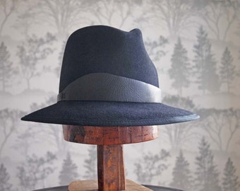 Claude Signature: Tall Fedora with signature "Lehfeldt" curved leather trim and french beauvais grosgrain binding