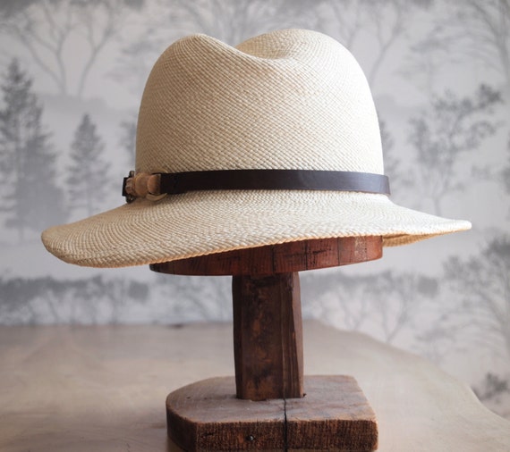 Lucie Ivory Panama Straw Hat With Soft Curved Center Crease. Trimmed in Chocolate Hand Dyed Leather With a Bamboo Finding. Etsy Canada