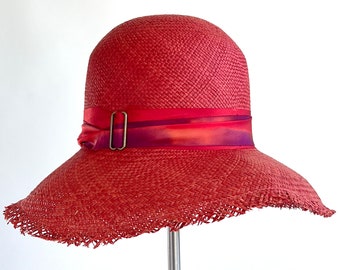 Red panama straw cloche style summer hat with raw edge and silk red ribbon - one of a kind!