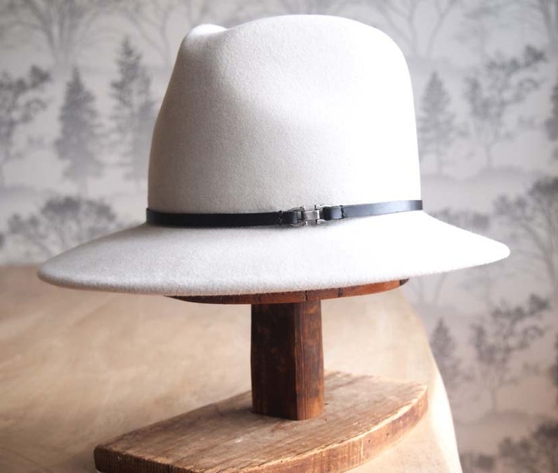 Celine: Sueded Felt Fedora in Ice with 1/4 black leather trim with silver finding image 1