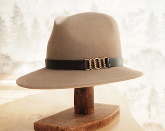 Claude II:  Mushroom Fur Felt Fedora with chocolate leather trim and chain finding.