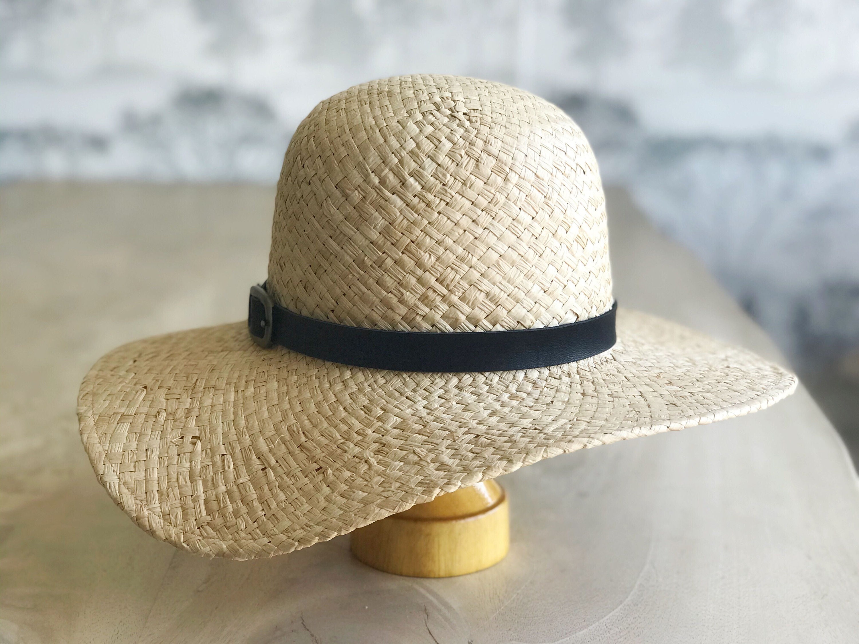 Parker: Round crown double raffia natural straw hat with | Etsy