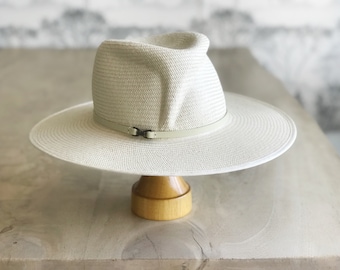 Loren: Ivory glazed toyo straw wide flat brimmed hat with cross crown and leather band and grosgrain brim edge trim