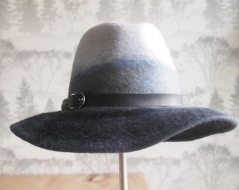 Clara-Black and gray ombre floppy fedora with black vegetable tanned leather and gun metal buckle