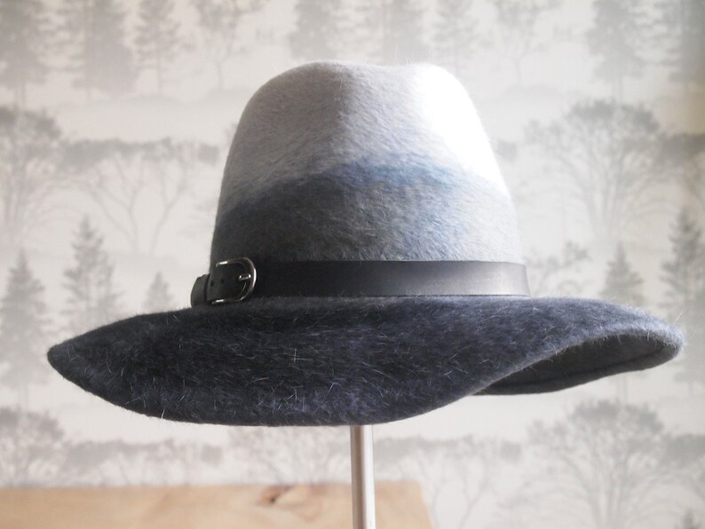 Clara-Black and gray ombre floppy fedora with black vegetable tanned leather and gun metal buckle image 1