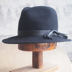 Isabel: Black men's weight felt fedora with 7/8" black trim and fringe