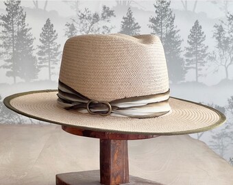 Glazed Toyo Straw Hat with Flat Brim! This stylish hat features a beautiful Ivory and Olive 100% silk trim with an antique brass finding.