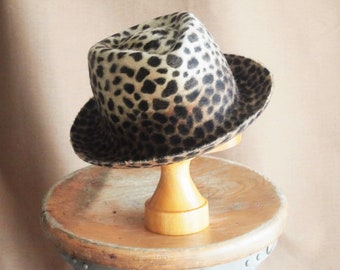 Leopard print fedora felt hat with small 2.25" up brim