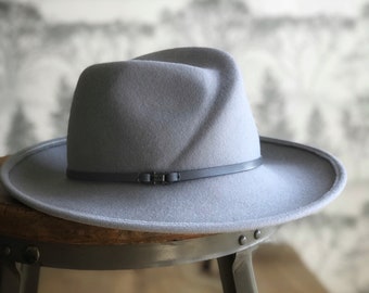 Wallace:  Unisex front crease asymmetrical fedora hat with wide brim and upturn back
