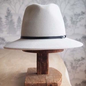 Celine: Sueded Felt Fedora in Ice with 1/4 black leather trim with silver finding image 2