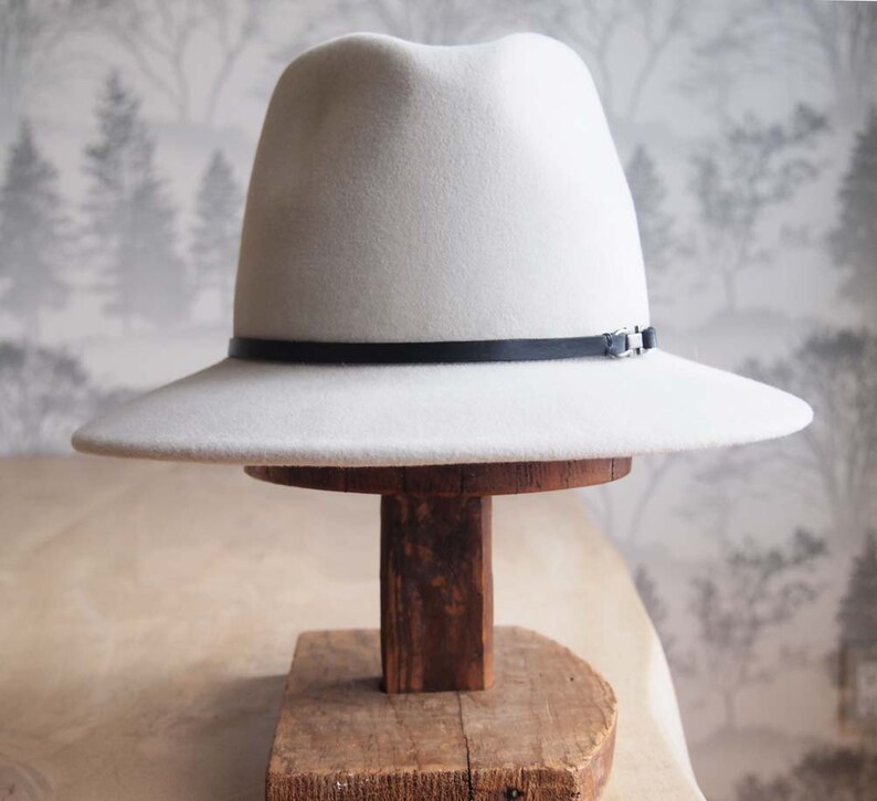 Celine: Sueded Felt Fedora in Ice with 1/4 black leather trim with silver finding image 2