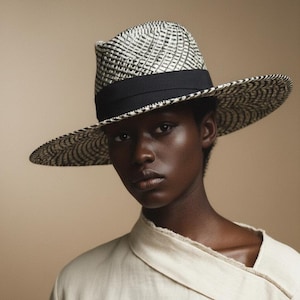 Black & Natural Straw Wide Brim Geometric Pattern Sun Hat - Artisan Millinery