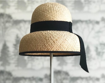 Audrey:    1960's feel double Raffia Straw Domed Hat with Black Trim and Tail