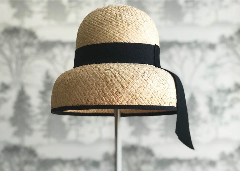 Audrey:    1960#39;s feel double Raffia Straw Domed Hat with Bl