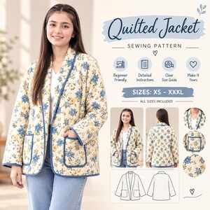 May include: A quilted jacket sewing pattern featuring a cream fabric with a blue and yellow floral print. The jacket has a shawl collar, long sleeves, and two front patch pockets with blue trim. Includes text: Quilted Jacket Sewing Pattern.