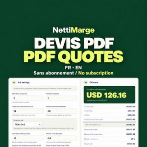 Peut inclure: Une interface numérique pour les devis PDF NettiMarge sur fond vert foncé avec du texte jaune clair. L'écran affiche les paramètres de travail, incluant le temps, le nombre de personnes, le coût horaire et la distance en miles.