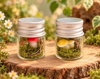 Miniature Mushroom Forest Magnets set – Glass Jar Whimsical Woodland Decor