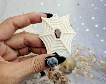 Spiderweb with Coffin-Shaped Garnet Hand Carved from Bone Pendant for Halloween