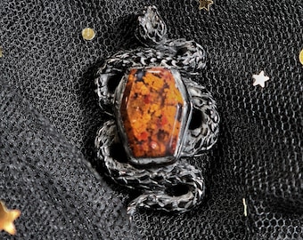 Dark Style Jewelry: Hand Carved Snake Pendant From Horn with Garden Quartz Coffin